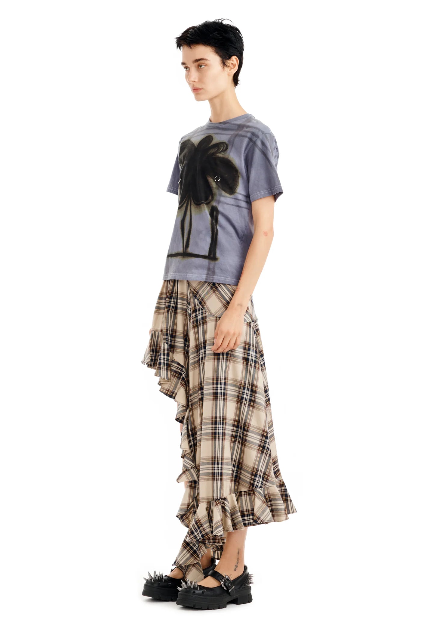 COLLINA STRADA MIDNIGHT FLOWER POT PLAID PIERCED TEE